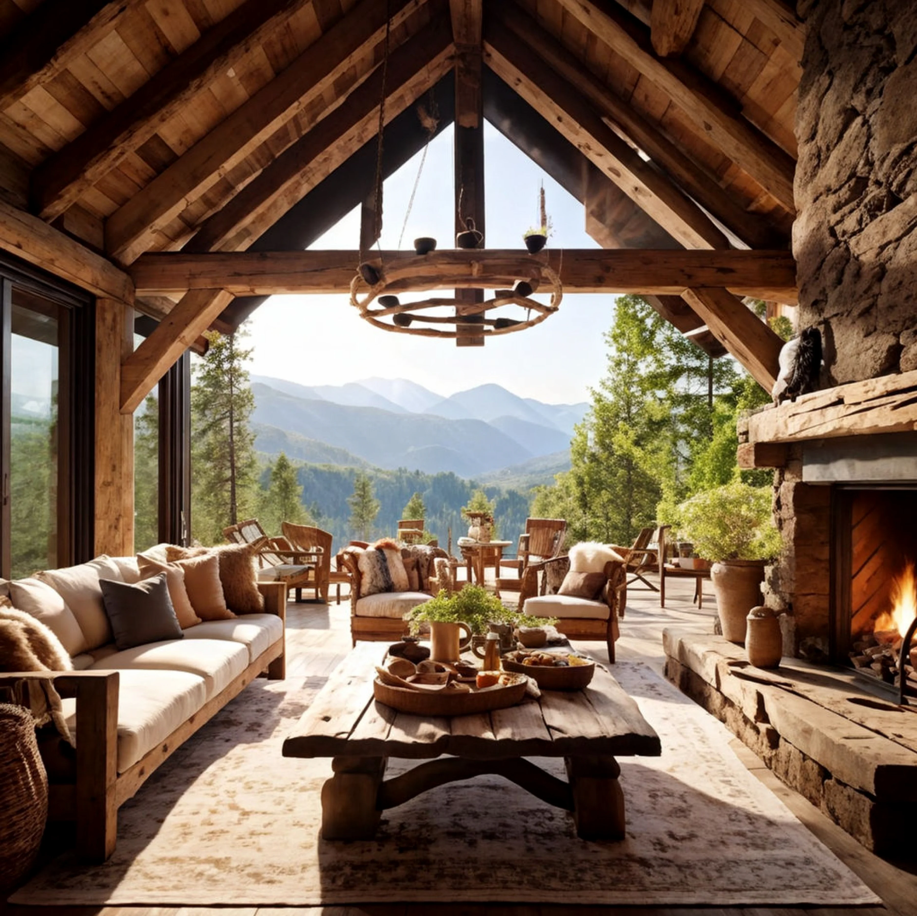 A large image with a senic view of a forest from a large indoor padio